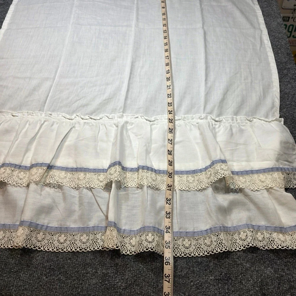 Vintage White Ruffled Cafe Curtains Lace Trim Blue Ribbon Made in USA 36x28 4pc